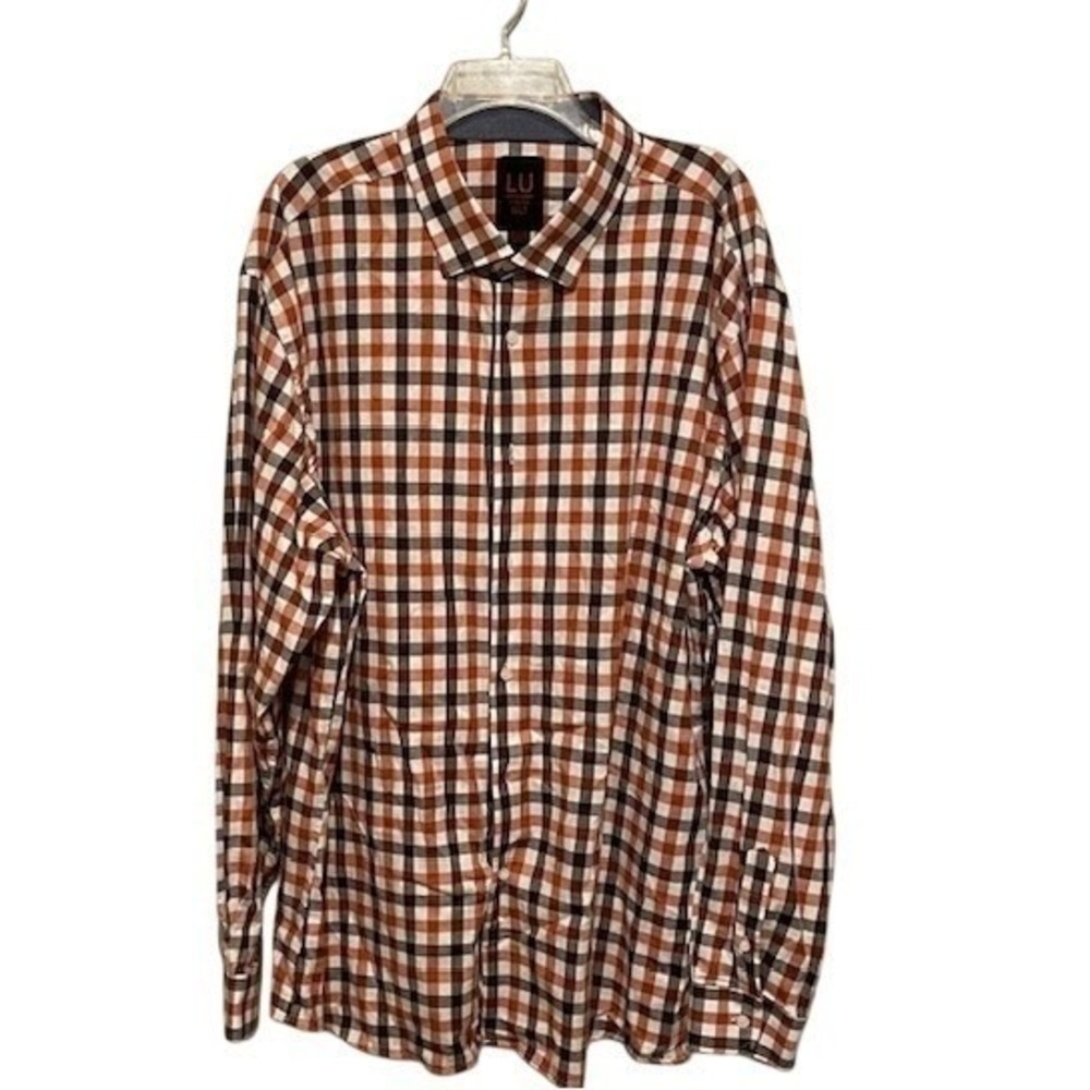 Linea Uomo Mens 4XLT Stretch Button Down Shirt Orange Brown Plaid Gingham Tall